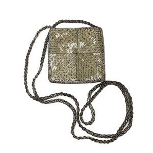 Vintage 60s Dark Silver Beaded Square Mini Evening Bag With Chain Shoulder Strap